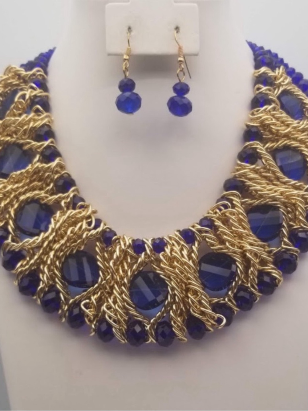 Gold & Royal Blue Statement Necklace with Matching Earrings